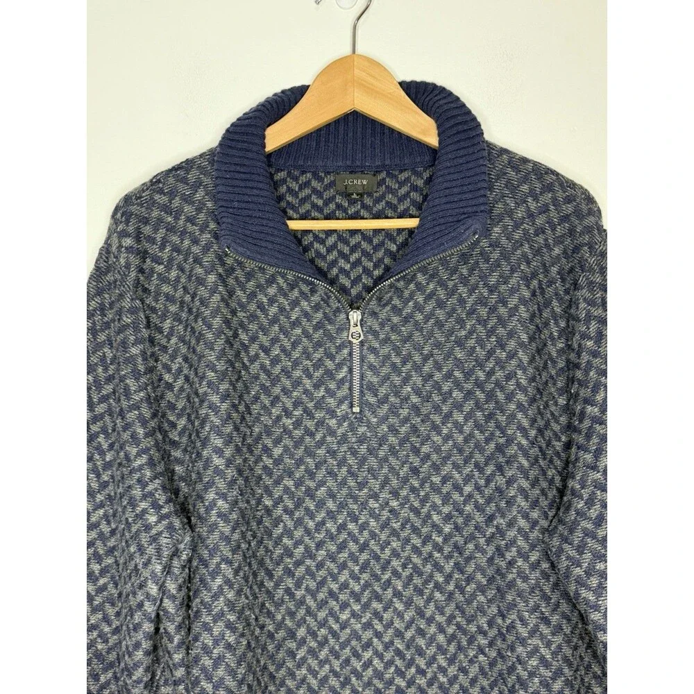 J. Crew Blue Herringbone Knit Merino Wool Blend 1/4 Pullover Sweater Large